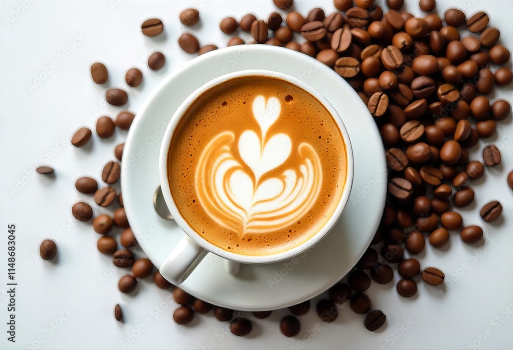 Steaming cup of coffee with a delicate latte art design surrounded by an artful arrangement of coffee beans Steaming cup of coffee with a delicate latte art design surrounded by an artful arrangement of coffee beans