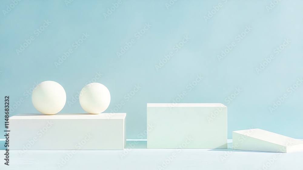 Minimalist scene with white spheres and geometric shapes on a light blue background. Minimalist scene with white spheres and geometric shapes on a light blue background.