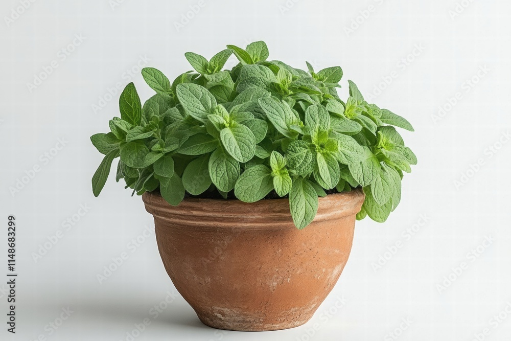 Fresh Green Herbal Plant in a Clay Pot Displaying Vibrant Leaves against a Clean Background Ideal for Culinary and Gardening Themes Fresh Green Herbal Plant in a Clay Pot Displaying Vibrant Leaves against a Clean Background Ideal for Culinary and Gardening Themes