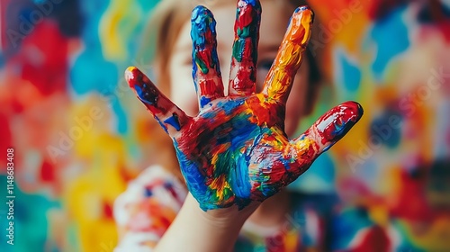 A child with a big smile holding a paintbrush, creating a colorful masterpiece in an art class