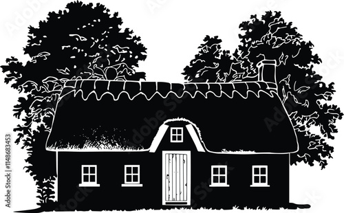 Solid Black Silhouette of a Cottage 