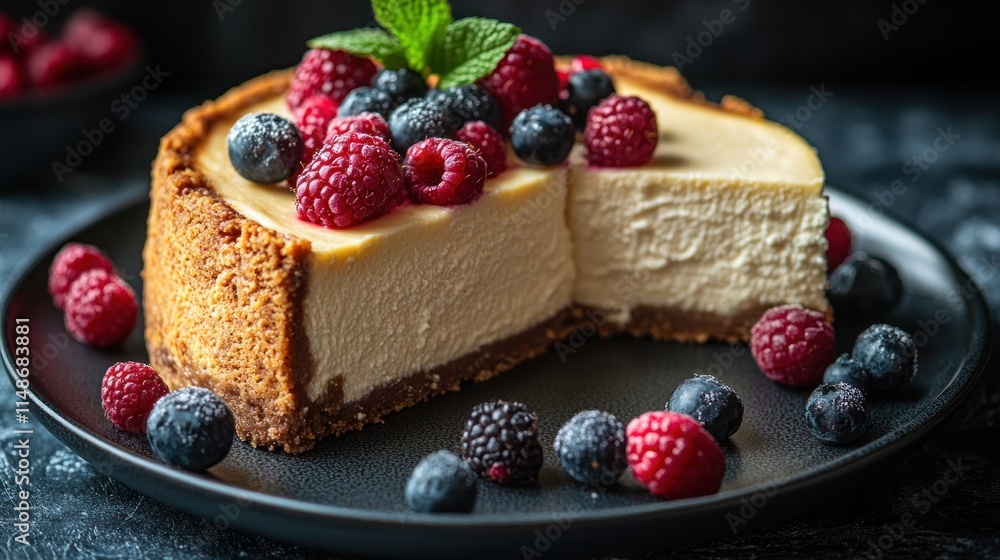 Creamy cheesecake with fresh berries and mint. Creamy cheesecake with fresh berries and mint.