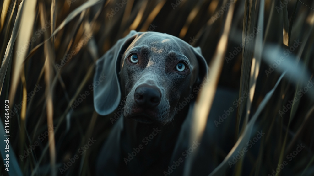 Weimaraner dog in field between dense tall grass in golden hour lighting. Adorable grey dog with bright eyes.