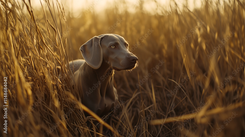 Weimaraner dog in field between dense tall grass in golden hour lighting. Adorable grey dog with bright eyes.