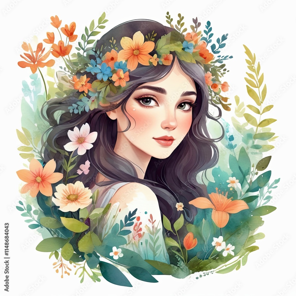 A young woman with dark hair adorned with a vibrant flower crown, surrounded by lush greenery. The illustration is full of soft colors and delicate details. A young woman with dark hair adorned with a vibrant flower crown, surrounded by lush greenery. The illustration is full of soft colors and delicate details.