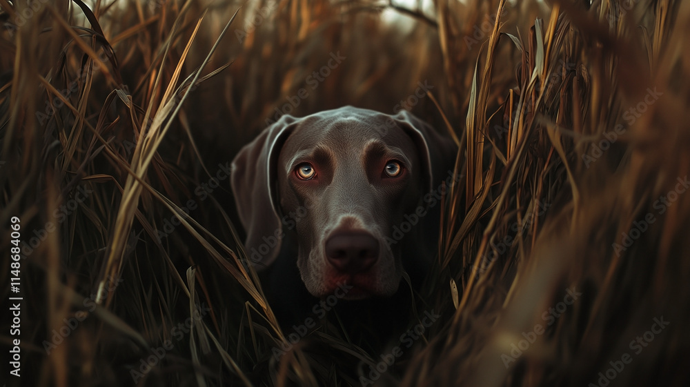 Weimaraner dog in field between dense tall grass in golden hour lighting. Adorable grey dog with bright eyes.