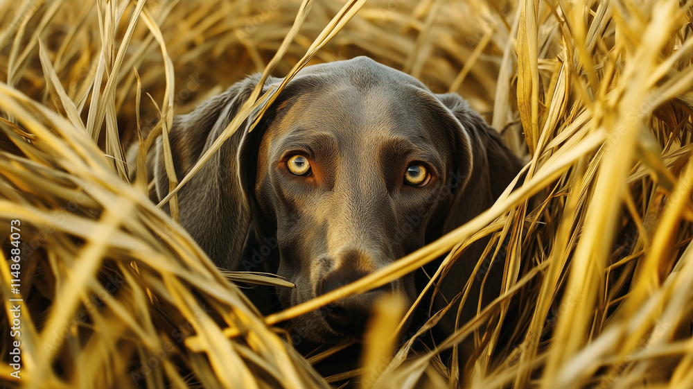 Weimaraner dog in field between dense tall grass in golden hour lighting. Adorable grey dog with bright eyes.