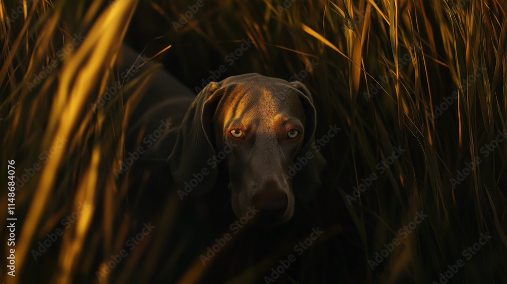 Weimaraner dog in field between dense tall grass in golden hour lighting. Adorable grey dog with bright eyes.