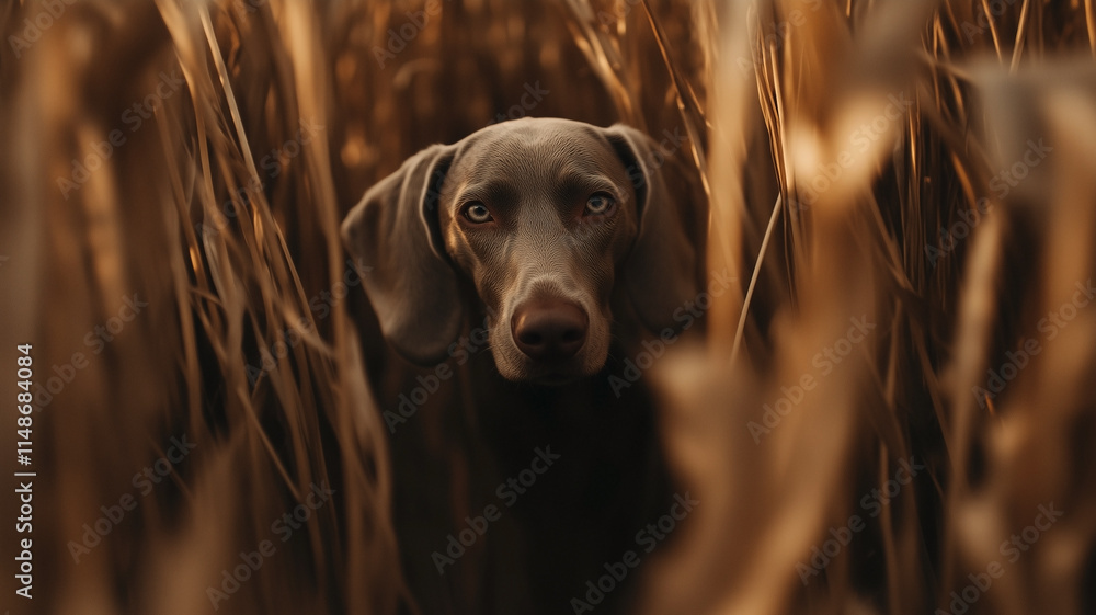 Weimaraner dog in field between dense tall grass in golden hour lighting. Adorable grey dog with bright eyes.
