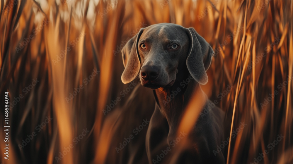 Weimaraner dog in field between dense tall grass in golden hour lighting. Adorable grey dog with bright eyes.