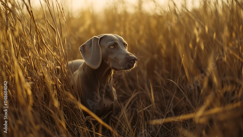 Obraz na płótnie Weimaraner dog in field between dense tall grass in golden hour lighting. Adorable grey dog with bright eyes. w salonie