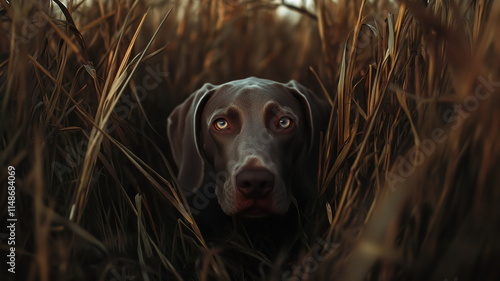 Obraz na płótnie Weimaraner dog in field between dense tall grass in golden hour lighting. Adorable grey dog with bright eyes. w salonie