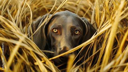 Obraz na płótnie Weimaraner dog in field between dense tall grass in golden hour lighting. Adorable grey dog with bright eyes. w salonie