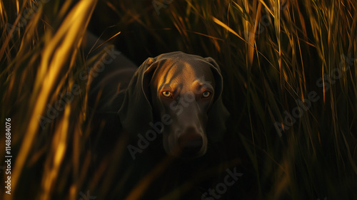 Weimaraner dog in field between dense tall grass in golden hour lighting. Adorable grey dog with bright eyes.