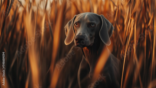 Obraz na płótnie Weimaraner dog in field between dense tall grass in golden hour lighting. Adorable grey dog with bright eyes. w salonie