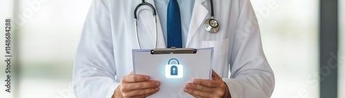 Medical Professional Holding Confidential Documents with Lock Icon Representing Data Privacy and Security in Healthcare Environment