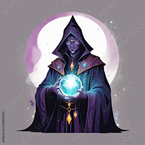 A male sorcerer, dark-skinned, holds a glowing crystal orb, shrouded in mystery against a mystical moonlit backdrop.  Intricate details highlight the magical nature of the scene.