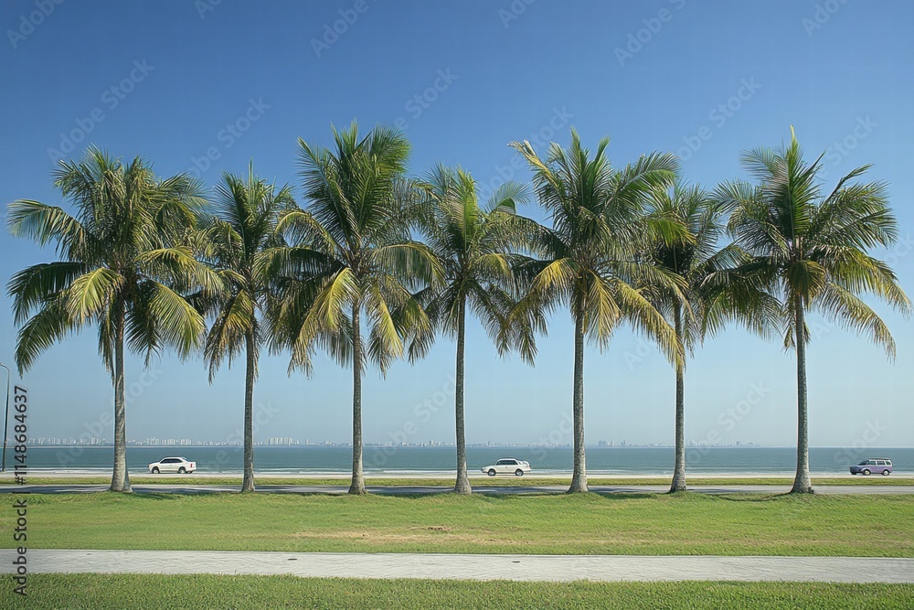 Tropical Scene Featuring Lush Palm Trees Line Alongside Calm Waters with Clear Blue Sky and Cars Passing on a Scenic Coastal Road Tropical Scene Featuring Lush Palm Trees Line Alongside Calm Waters with Clear Blue Sky and Cars Passing on a Scenic Coastal Road