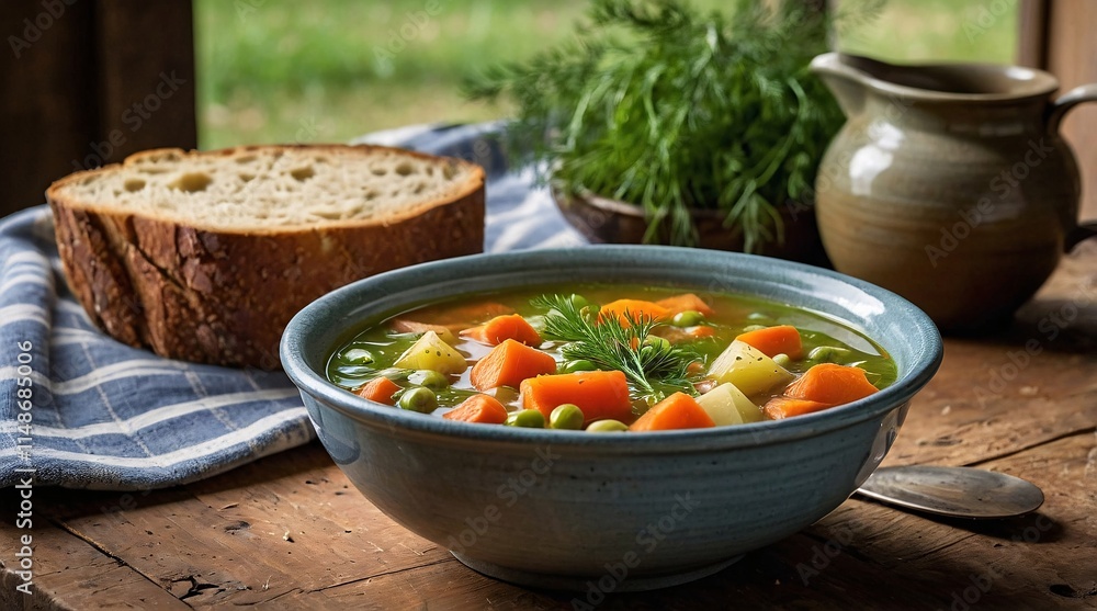Warm homemade vegetable soup served in a rustic bowl alongside freshly baked bread, perfect for nourishing comfort during a cozy meal shared with loved ones Warm homemade vegetable soup served in a rustic bowl alongside freshly baked bread, perfect for nourishing comfort during a cozy meal shared with loved ones
