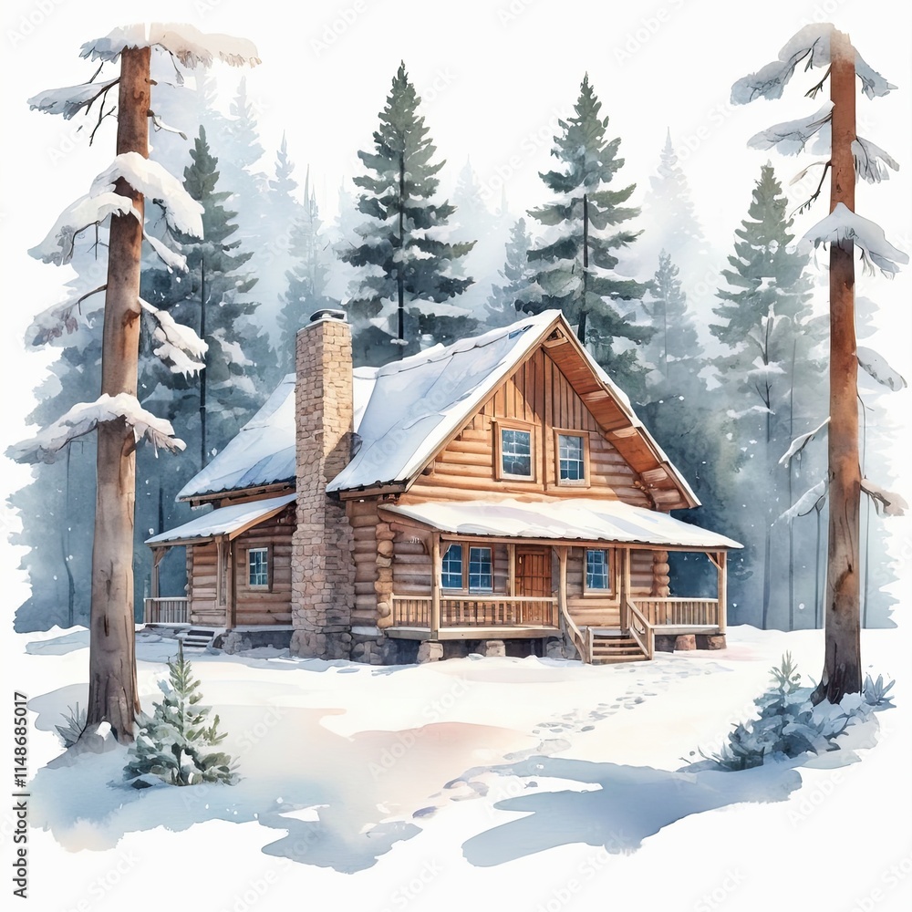 Fototapeta premium A cozy log cabin nestled in a snowy winter forest. The idyllic scene is painted in soft, cool tones, creating a peaceful and serene atmosphere.