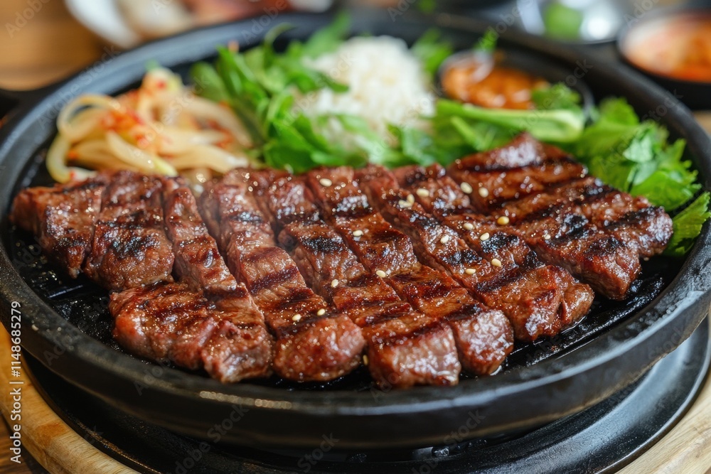 Sizzling Grilled Beef Steak with Rice and Kimchi Sizzling Grilled Beef Steak with Rice and Kimchi