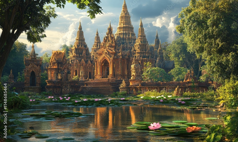 Obraz premium Ancient temple, serene pond, water lilies, lush foliage.