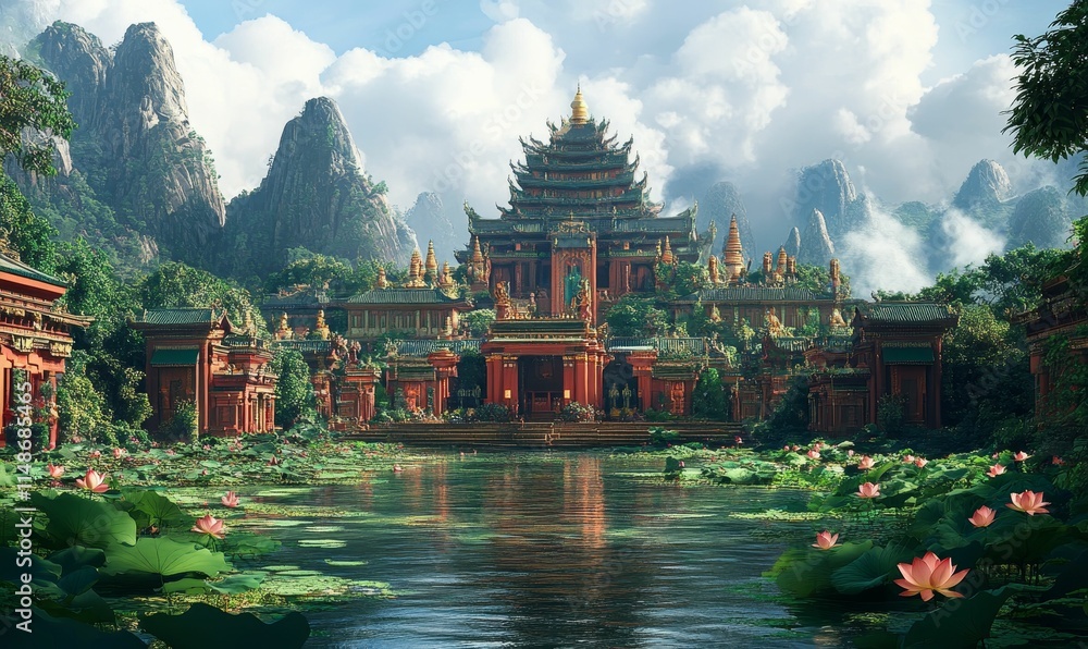 Obraz premium Serene temple complex, lotus pond, mountainous backdrop.