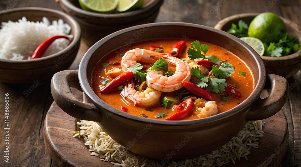 Delicious Moqueca with fresh shrimp, peppers, and herbs served in a rustic bowl on a wooden table, accompanied by lime wedges and rice, encapsulating Brazilian culinary artistry Delicious Moqueca with fresh shrimp, peppers, and herbs served in a rustic bowl on a wooden table, accompanied by lime wedges and rice, encapsulating Brazilian culinary artistry
