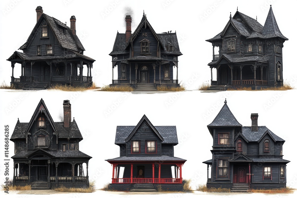 Collection of Gothic Revival Houses with Intricate Architecture and Distinct Features in Various Styles and Colors Against a Neutral Background Collection of Gothic Revival Houses with Intricate Architecture and Distinct Features in Various Styles and Colors Against a Neutral Background