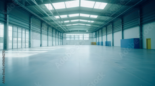 Interior of big empty warehouse, wide angle shot