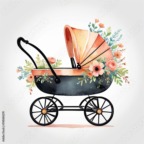 A watercolor painting of a vintage baby carriage adorned with peach and pink flowers. A perfect image for baby shower invitations or nursery decor.