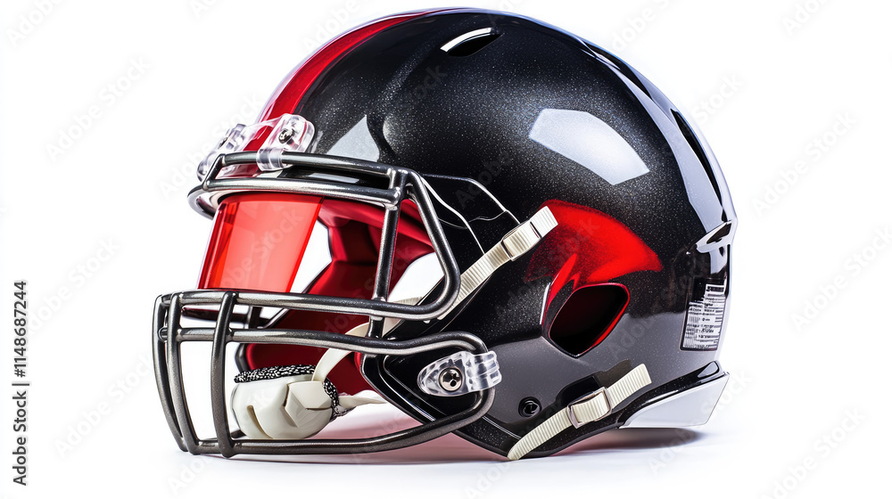 Naklejka premium Black and red football helmet with facemask isolated on white background.