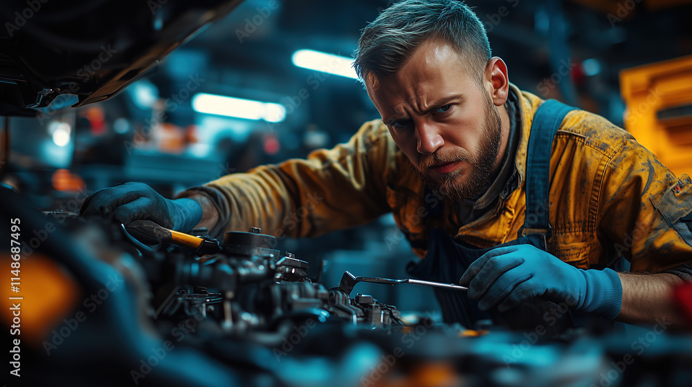 Skilled mechanic working intently on vehicle engine repair in a dimly lit garage Skilled mechanic working intently on vehicle engine repair in a dimly lit garage