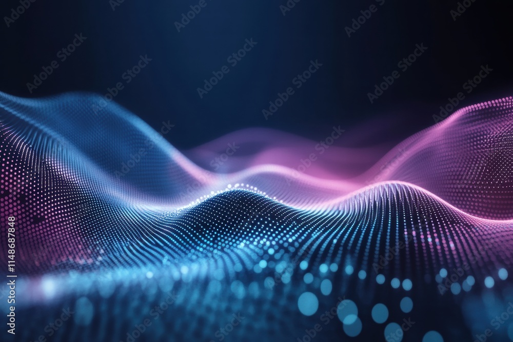 Abstract Digital Waves with Dots in Vibrant Blue and Pink Colors, High-Tech Background for Technology, Science or Music Themes in Futuristic Style Abstract Digital Waves with Dots in Vibrant Blue and Pink Colors, High-Tech Background for Technology, Science or Music Themes in Futuristic Style