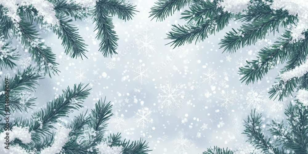Visualize a serene winter scene, where snowflakes softly fall on green pine branches, providing a perfect backdrop for your festive designs, seasonal promotions, and holiday materials Visualize a serene winter scene, where snowflakes softly fall on green pine branches, providing a perfect backdrop for your festive designs, seasonal promotions, and holiday materials