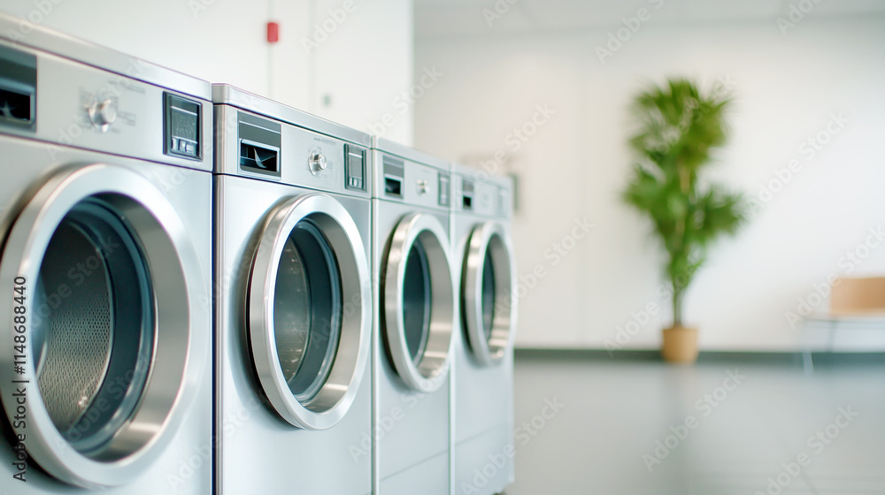 Row of modern industrial washing machines in bright laundry room Row of modern industrial washing machines in bright laundry room