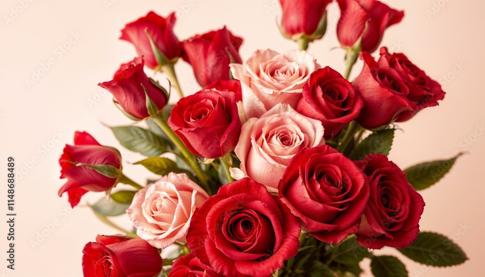 Romantic bouquet of red and pink roses symbolizing love on a soft pastel background, floral background, copy space, Women's Day, Mother's Day, Wedding, Valentine's Day, birthday, anniversary Romantic bouquet of red and pink roses symbolizing love on a soft pastel background, floral background, copy space, Women's Day, Mother's Day, Wedding, Valentine's Day, birthday, anniversary