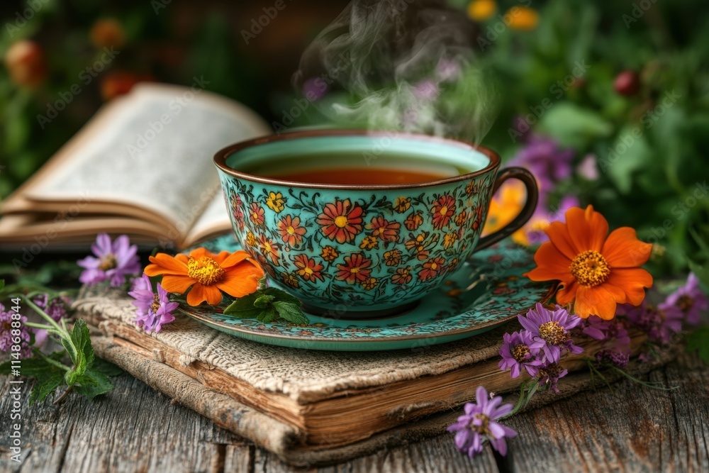 A Tranquil Moment: A Beautiful Teacup Surrounded by Vibrant Flowers and an Open Book, Evoking Serenity and Nature’s Charm in a Rustic Setting A Tranquil Moment: A Beautiful Teacup Surrounded by Vibrant Flowers and an Open Book, Evoking Serenity and Nature’s Charm in a Rustic Setting