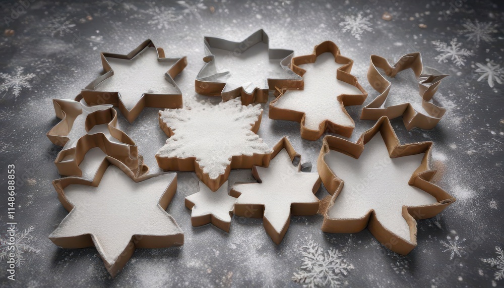 Whimsical flour-dusted cookie cutters, abstract winter backdrop, sugar, cookies Whimsical flour-dusted cookie cutters, abstract winter backdrop, sugar, cookies