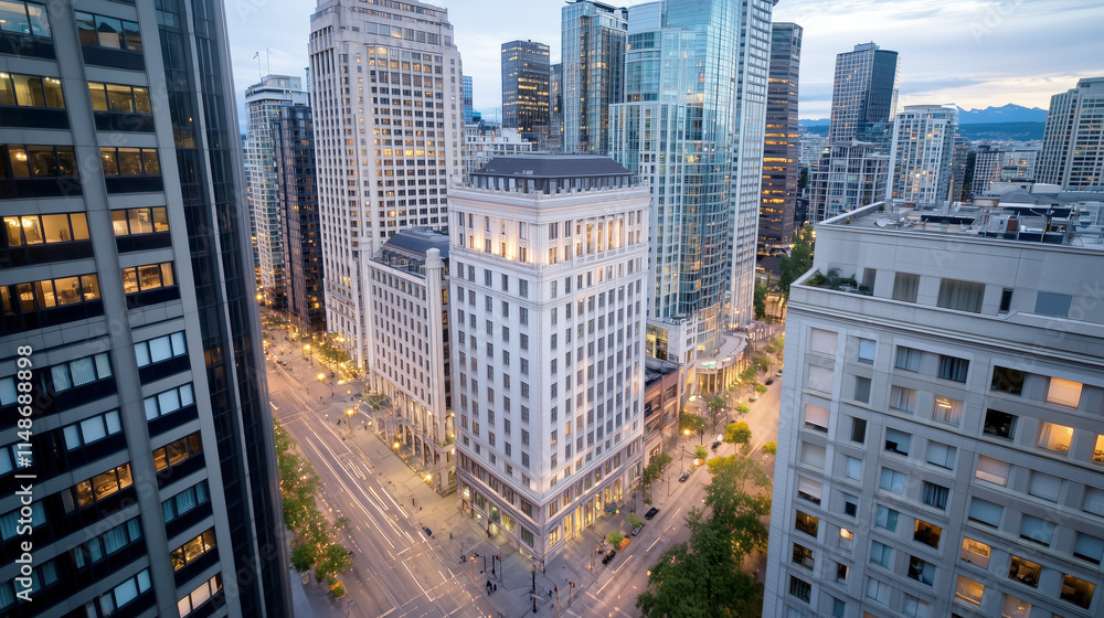 Fototapeta premium Urban cityscape at dusk with modern skyscrapers and bustling streets