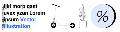 Electric scooter, potted plant, and a percentage symbol with accompanying text elements. Ideal for marketing, finance, eco-friendly campaigns, urban mobility, finance advertisements, tech start-ups