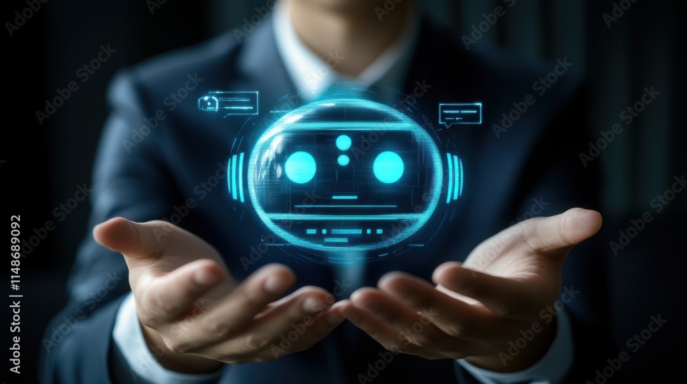 Businessperson Presenting Holographic AI Chatbot Businessperson Presenting Holographic AI Chatbot