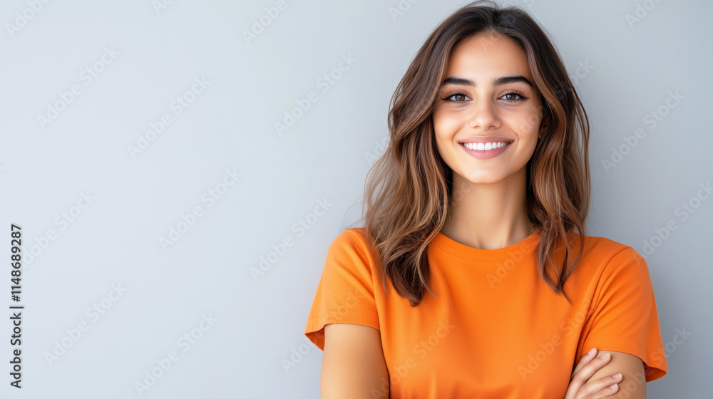 Young caucasian female smiling in orange t-shirt against gray background Young caucasian female smiling in orange t-shirt against gray background