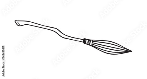 witch broom doodle hand drawn icon. Outline drawing witch broom line clipart symbol. Halloween magic broom. 