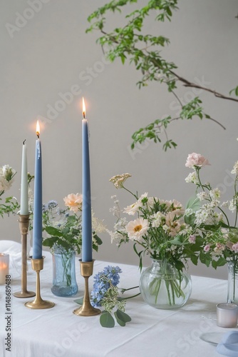 Elegant Table Setting with Blue Candles and Pastel Flowers photo