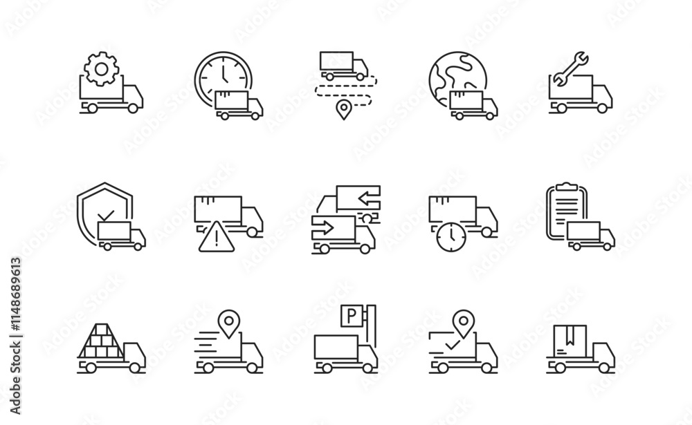 This curated collection of highquality vector line icons highlights key aspects of commercial fleet management, focusing on trucks and essential elements for efficient logistics operations This curated collection of highquality vector line icons highlights key aspects of commercial fleet management, focusing on trucks and essential elements for efficient logistics operations