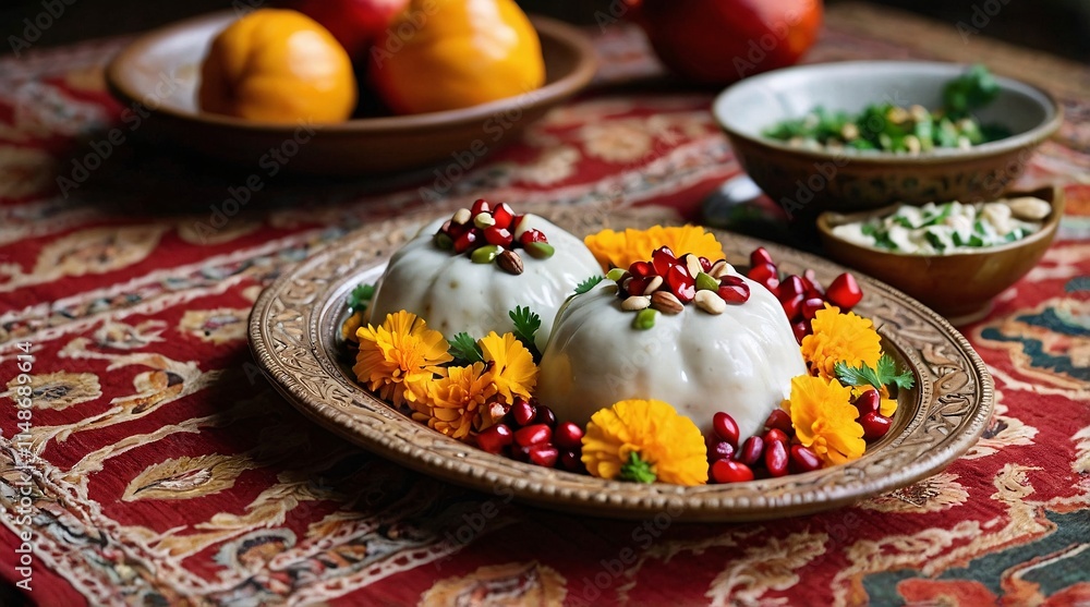 Delightful presentation of Chiles en Nogada adorned with vibrant pomegranate seeds and marigold flowers on a beautifully decorated table Delightful presentation of Chiles en Nogada adorned with vibrant pomegranate seeds and marigold flowers on a beautifully decorated table