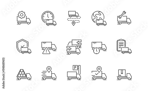 This curated collection of highquality vector line icons highlights key aspects of commercial fleet management, focusing on trucks and essential elements for efficient logistics operations