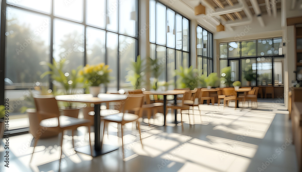 Fototapeta premium Light-Filled Modern Cafe Interior, Blurred View