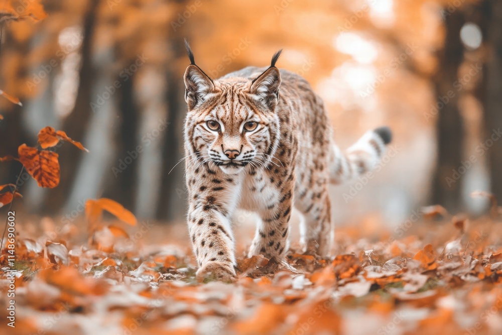 Fototapeta premium Eurasian Lynx Walking Through Autumn Leaves